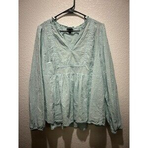 Torrid Top Womens Plus 2X Blue Swiss Dot Balloon Sleeve Boho Peasant Popover